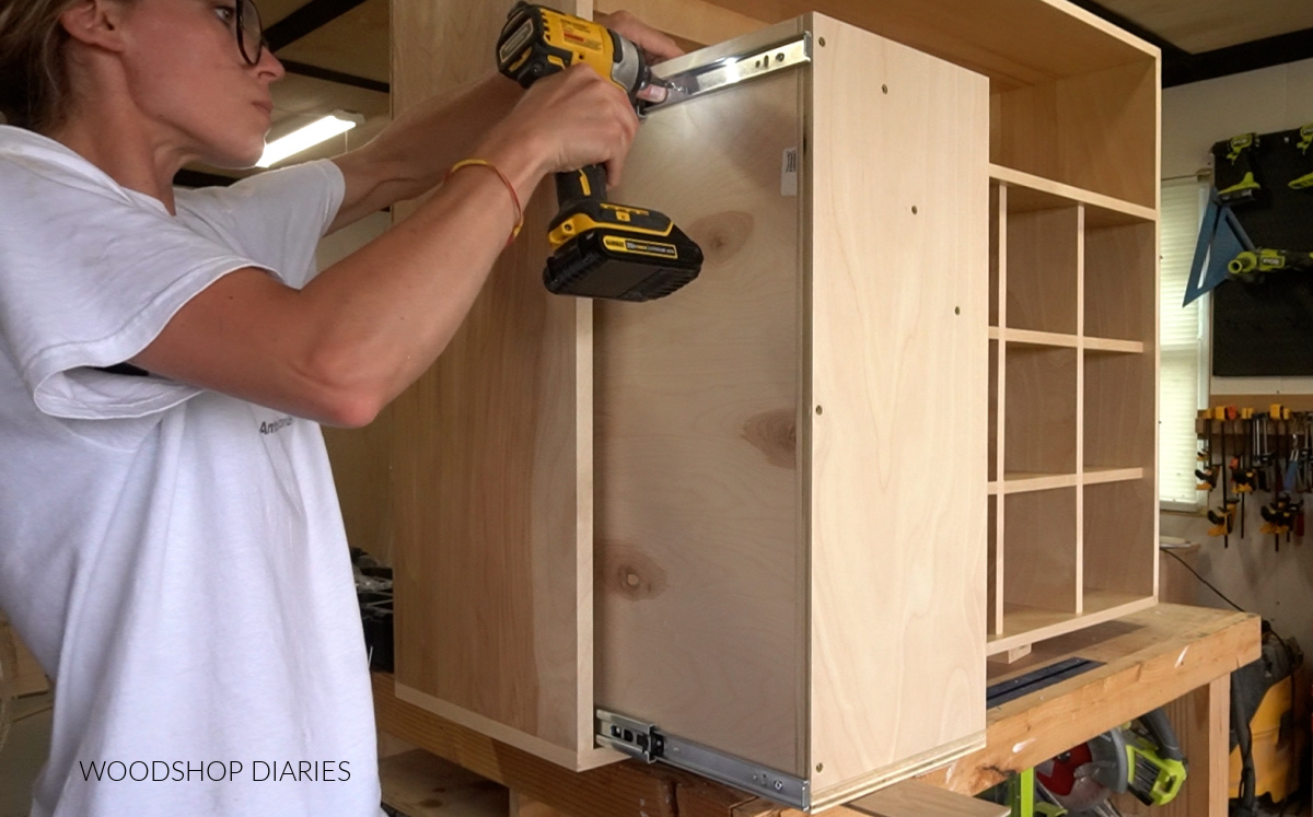 Shara Woodshop Diaries installing tie rack into cabinet