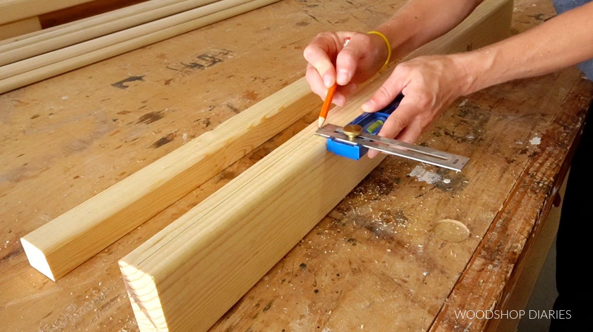 Shara Woodshop Diaries using Kreg Multimark tool to draw centerline of board for dowel locations