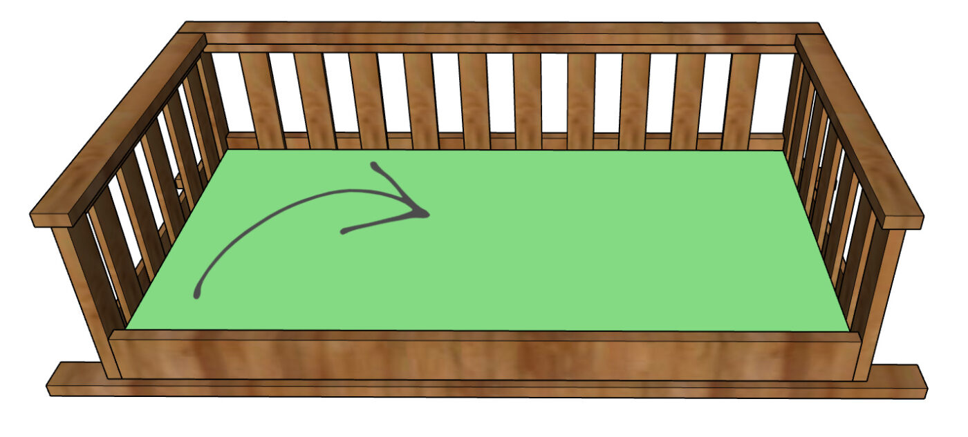 Computer diagram showing plywood panel placed in seat of porch swing bed frame