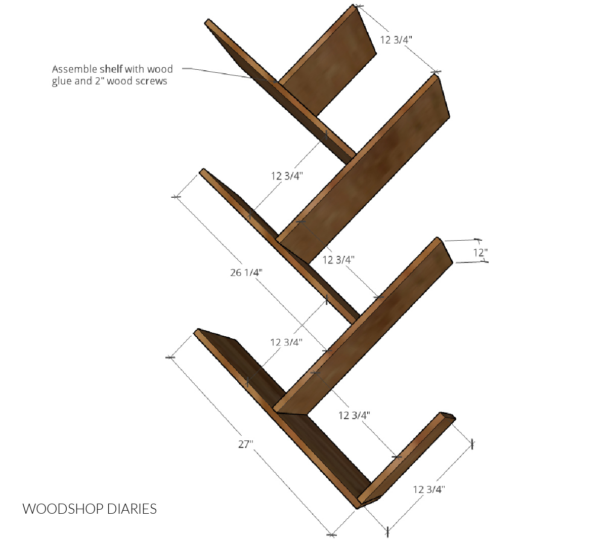 Dimensional diagram showing how to assemble the DIY modern vinyl record album shelf pieces