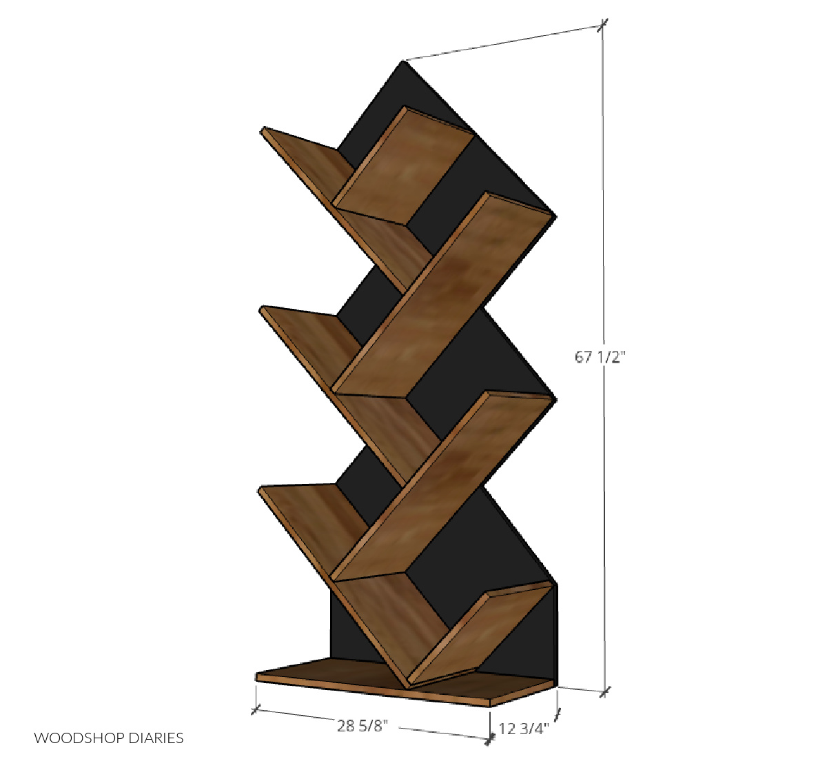 Overall dimensional diagram of DIY vinyl record shelf--67 ½" tall, 28 ⅝" wide, 12 ¾" deep.