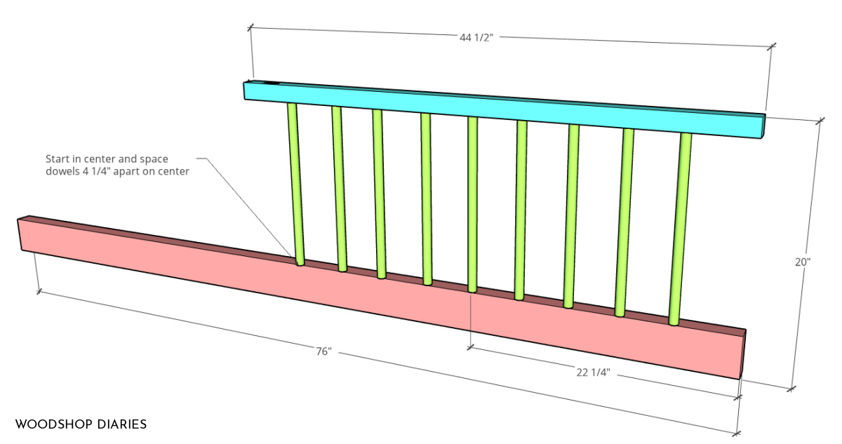 Front bed panel rail assembly diagram with dimensions