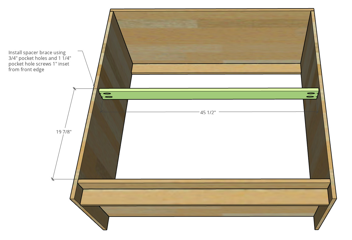 Diagram showing middle bracing strip on bottom closet cabinet box