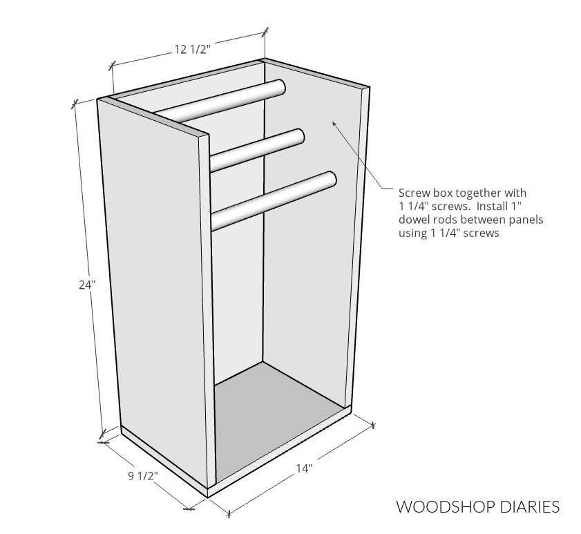 Assembled diagram showing tie rack dimensions