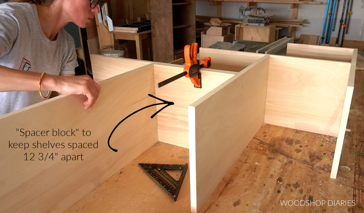 Shara Woodshop Diaries using small shelf as spacer block for long shelves