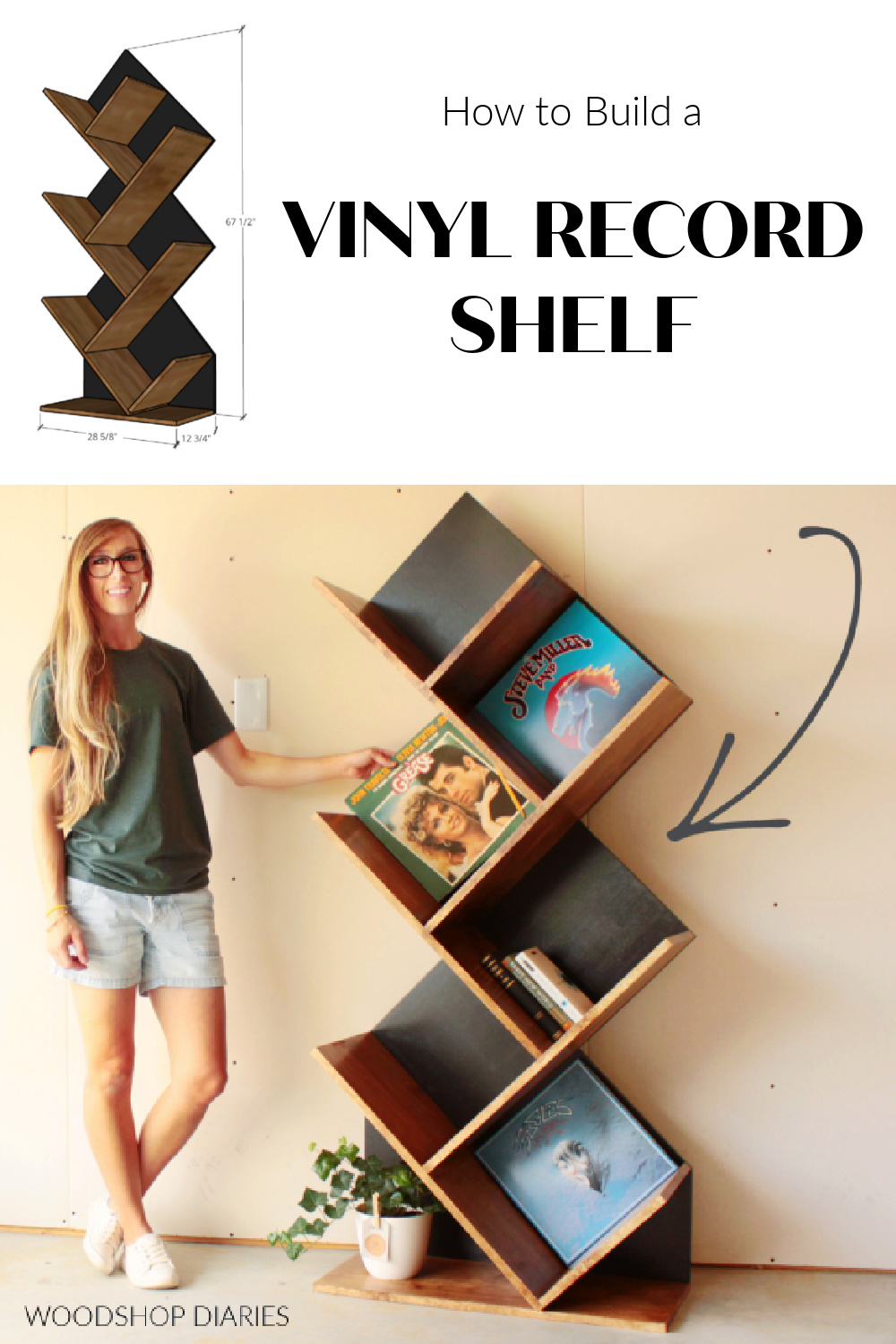 Pinterest collage showing Shara Woodshop Diaries with Vinyl record shelf at bottom and a dimensional graphic at top with text "How to build a vinyl record shelf"