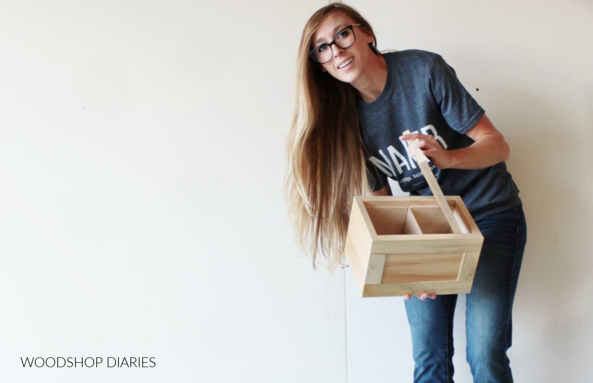 Shara Woodshop Diaries holding simple keepsake box with lid lifted off