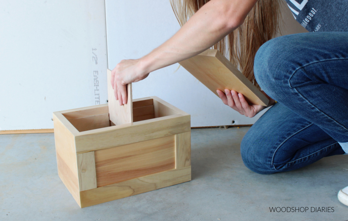 Shara Woodshop Diaries inserting removable divider piece into keepsake box