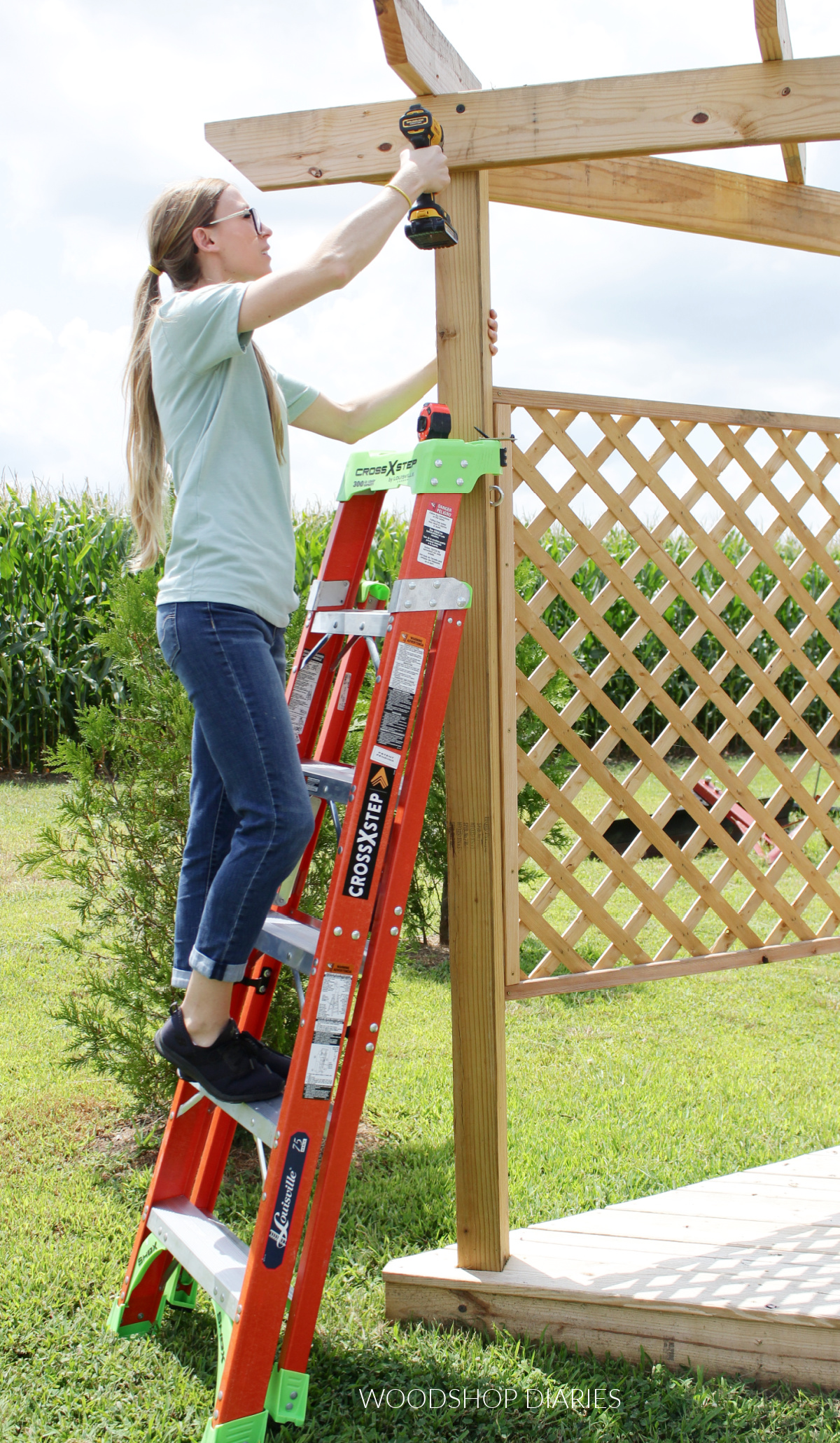 Shara using cross step ladder on corner post of hammock stand to drive screw up high
