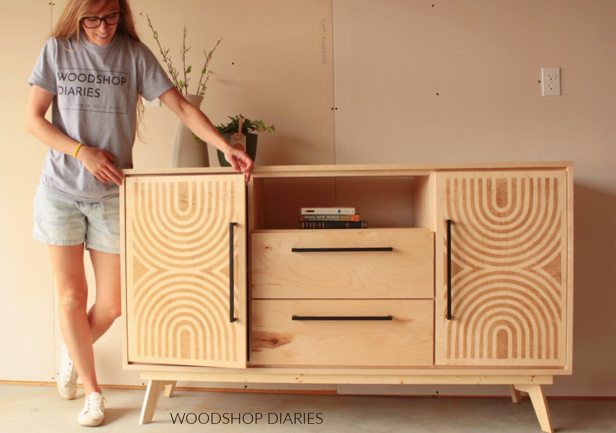 Shara Woodshop Diaries showing off natural and stained stenciled mid century design doors on DIy modern console