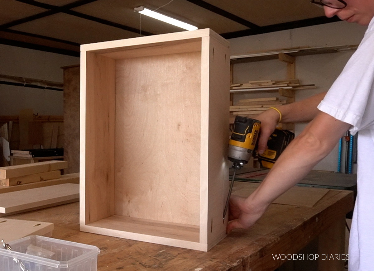 Shara Woodshop Diaries assembling plywood drawer box on workbench