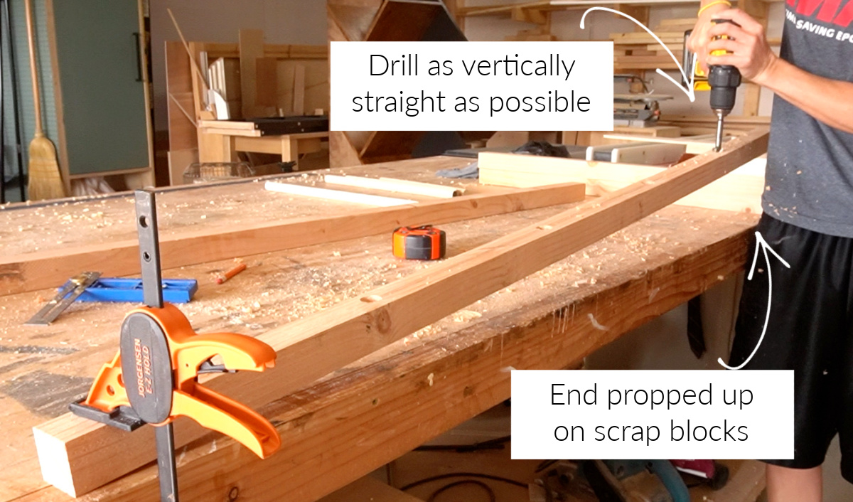 Drilling holes at an angle by propping board end up on blocks