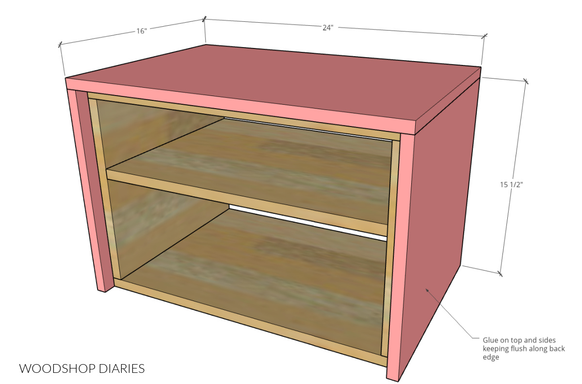 Side and top panels attached to inside box--diagram showing dimensions of outside box pieces attached