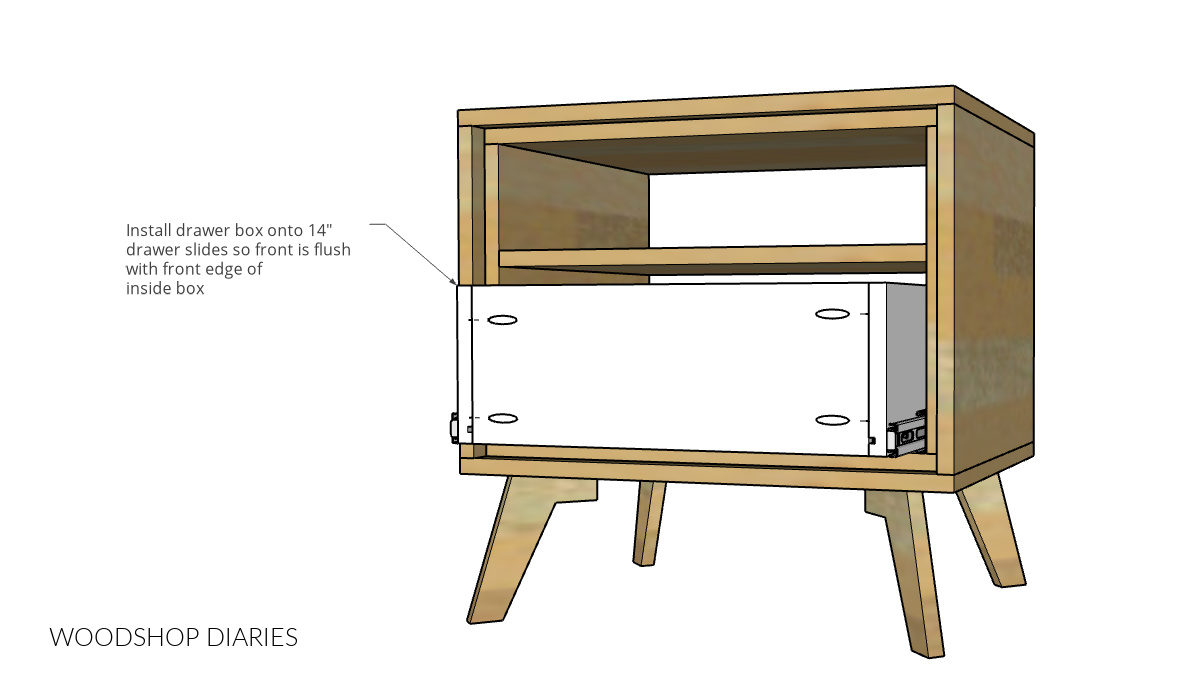 Diagram showing drawer box installed into nightstand