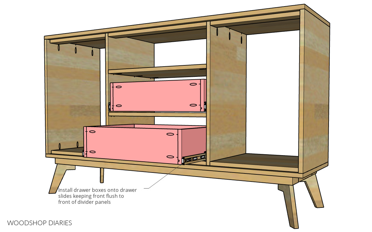 Diagram showing drawers installed into dresser console