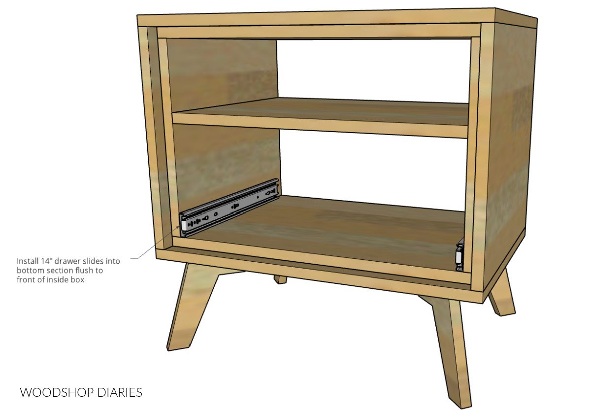 Diagram showing drawer slides installed into bottom cubby of nightstand flush to the front edge of inside box