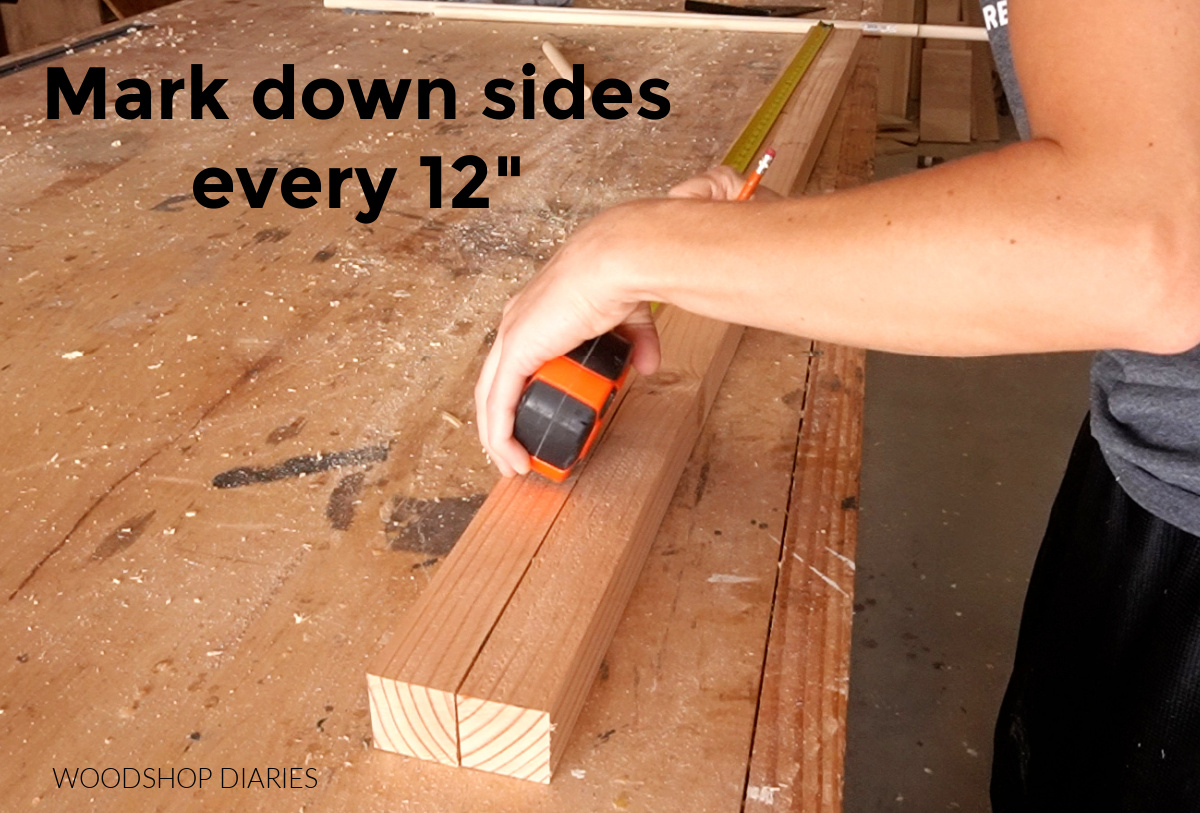 Shara Woodshop Diaries marking dowel rung locations on 2x2 boards