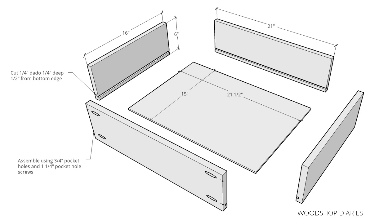 exploded view of drawer boxes for dresser console cabinet