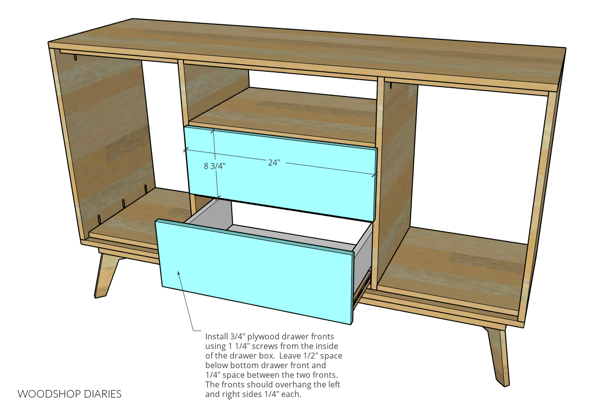 Drawer front dimensional diagram showing installed onto drawer boxes