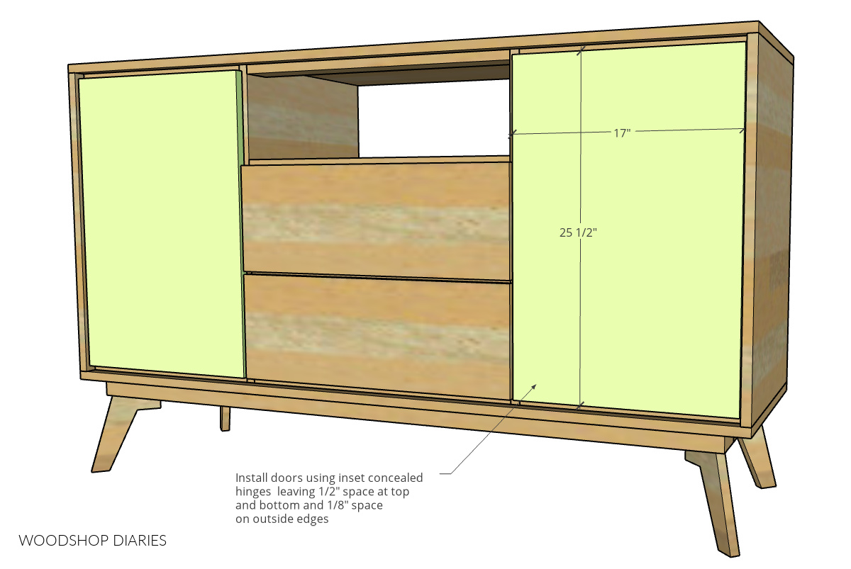 Door dimensional diagram showing installed onto DIY mid century modern dresser