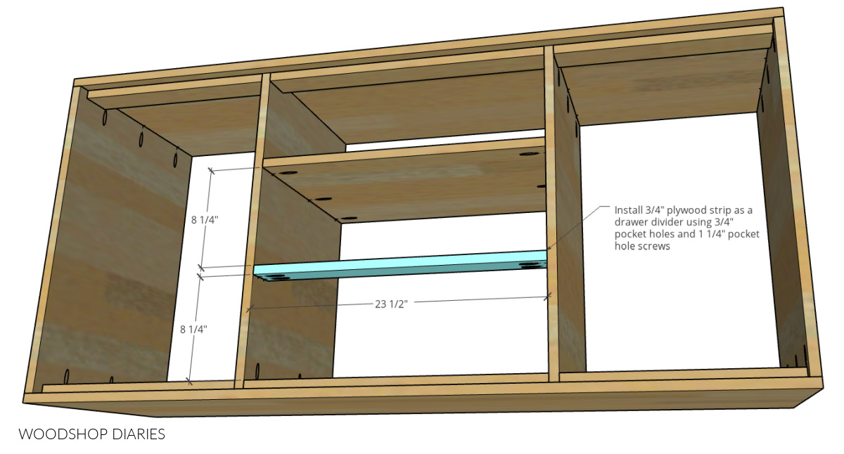 Drawer divider diagram showing installed using pocket holes and screws