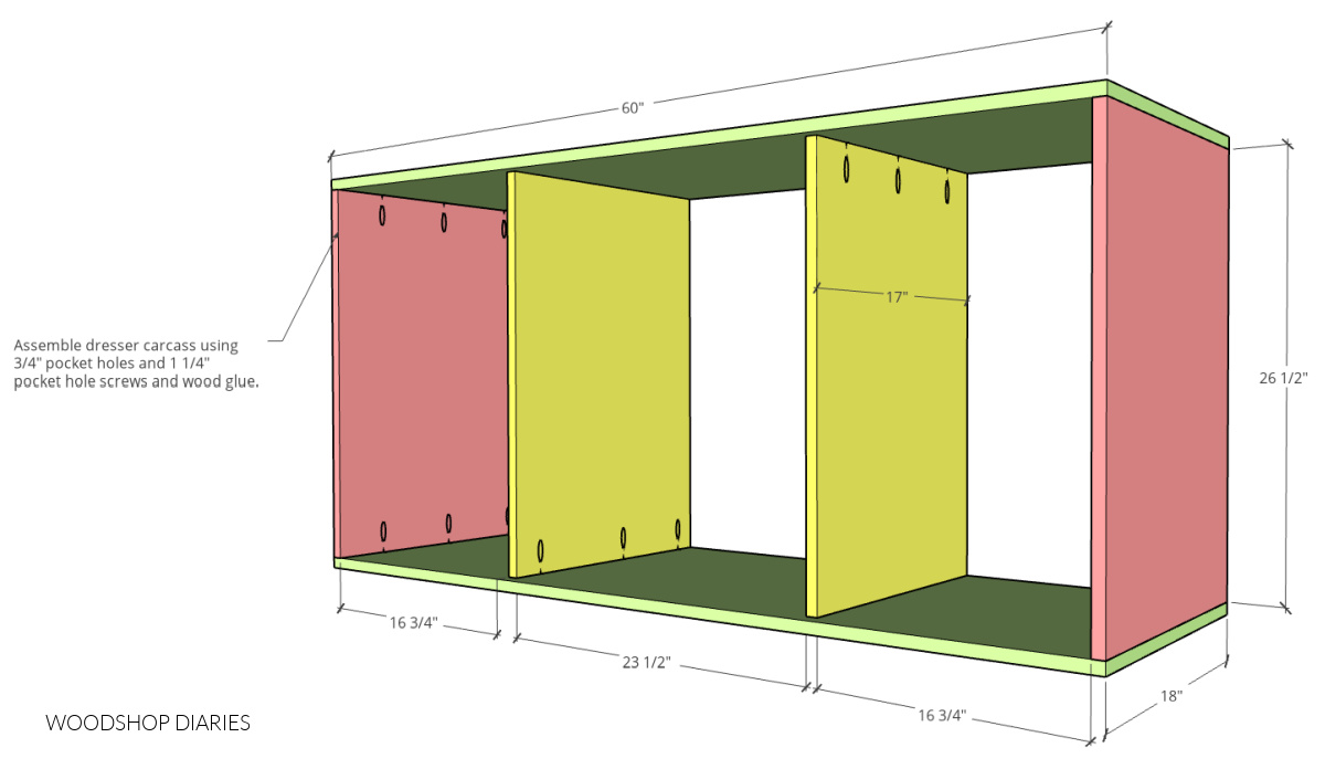 Main carcass assembly diagram of DIY mid century dresser console body