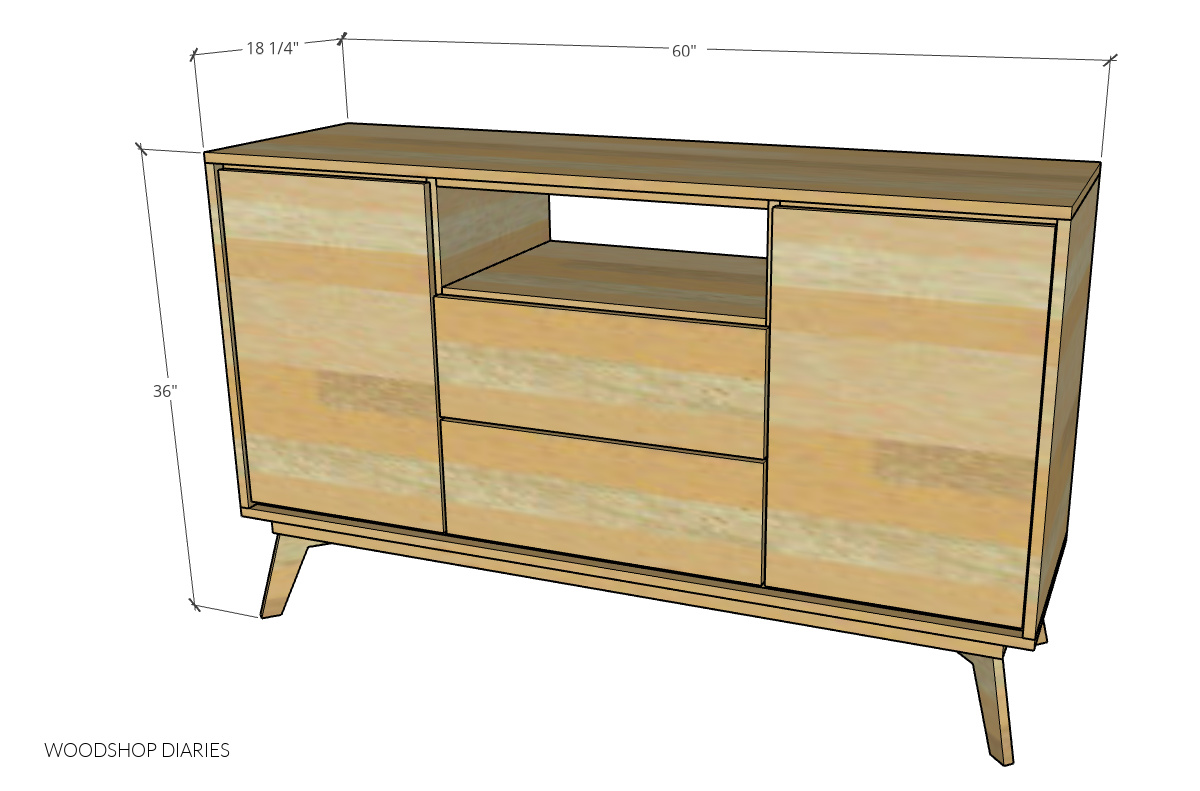 Overall dimensions of modern dresser console diagram