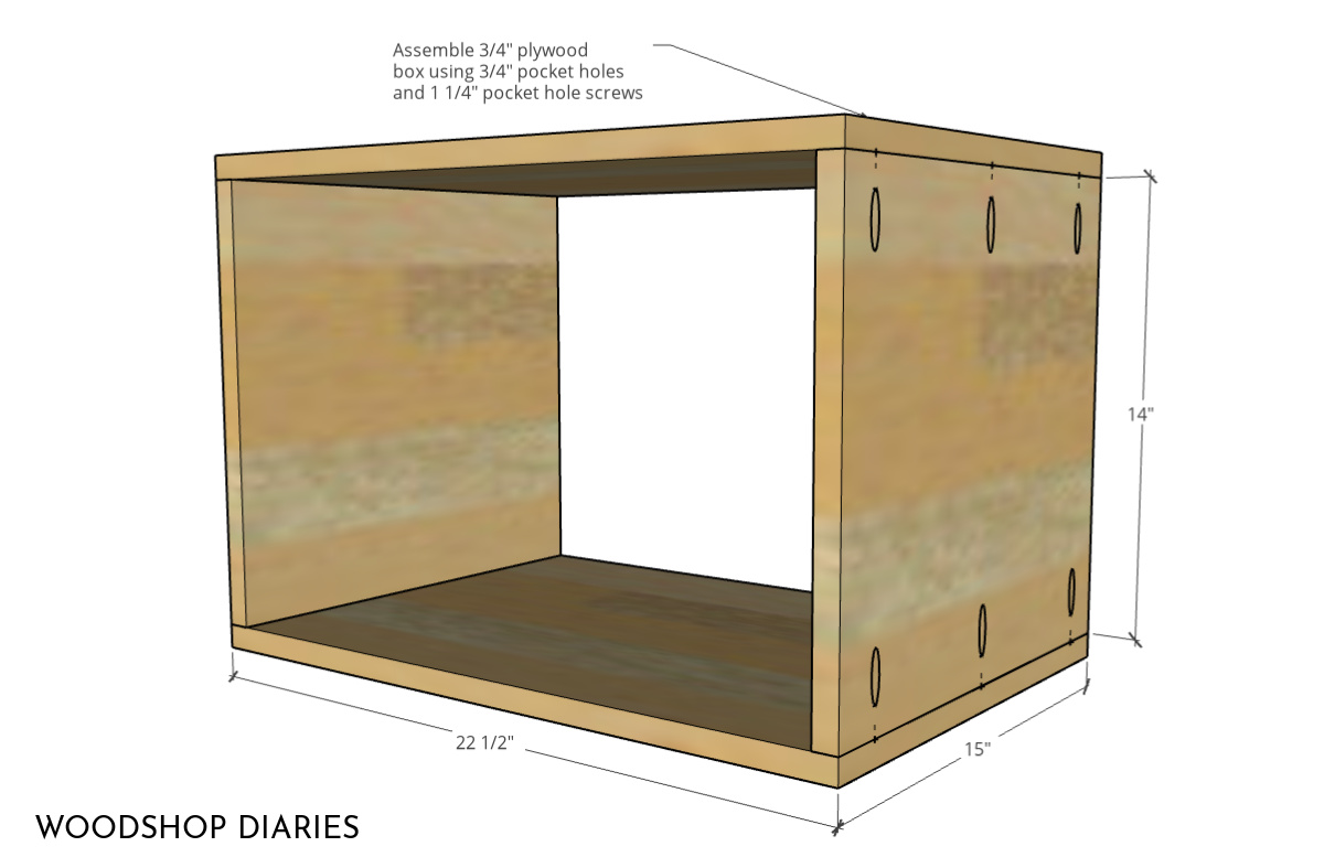 Dimensional diagram showing inside box piece dimensions for mid century modern nightstand assembled with pocket holes