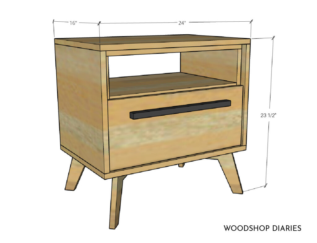 Overall dimensional diagram of mid century modern nightstand--16" deep, 24" wide, 23 ½" tall