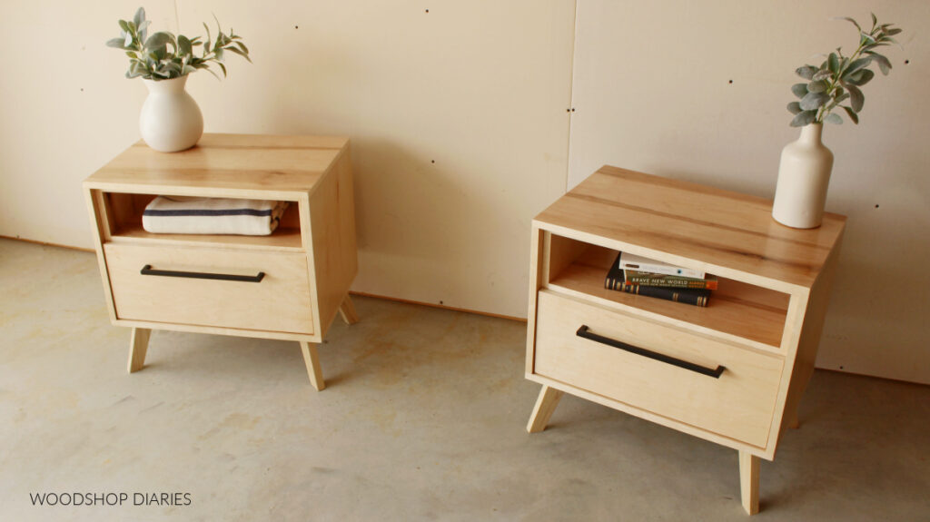 Pair of maple plywood mid century modern nightstands with open shelf at top and large drawer on bottom