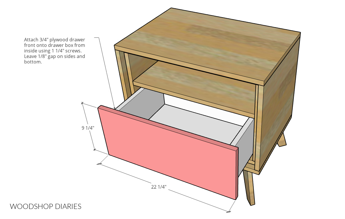 Diagram showing drawer front installed on drawer box in mid century modern nightstand