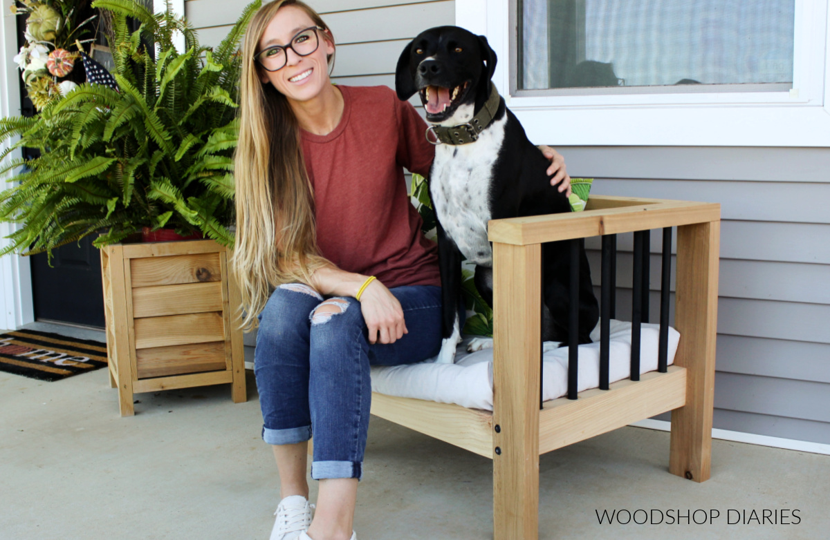 Shara Woodshop Diaries and Lucy sitting in modern outdoor chair on front porch