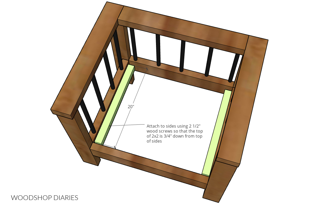 DIY outdoor chair diagram showing installation of seat slat supports screwed into seat side frames