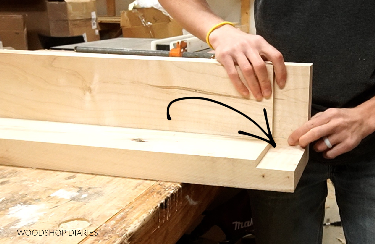 Dining table legs dry fit together to show rabbet cut at top in corner