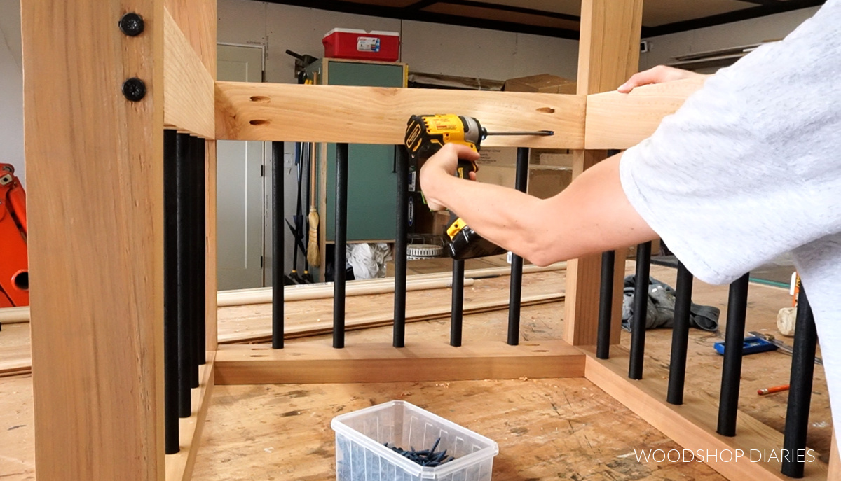 Securing back seat frame piece using pocket holes from the inside of chair