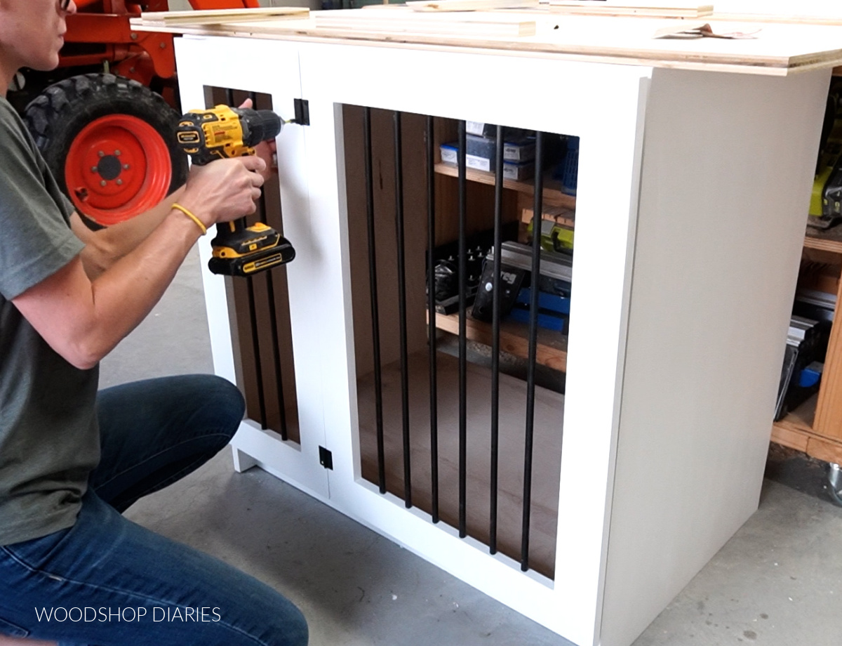 Attaching door frame with butt hinges onto dog crate cabinet