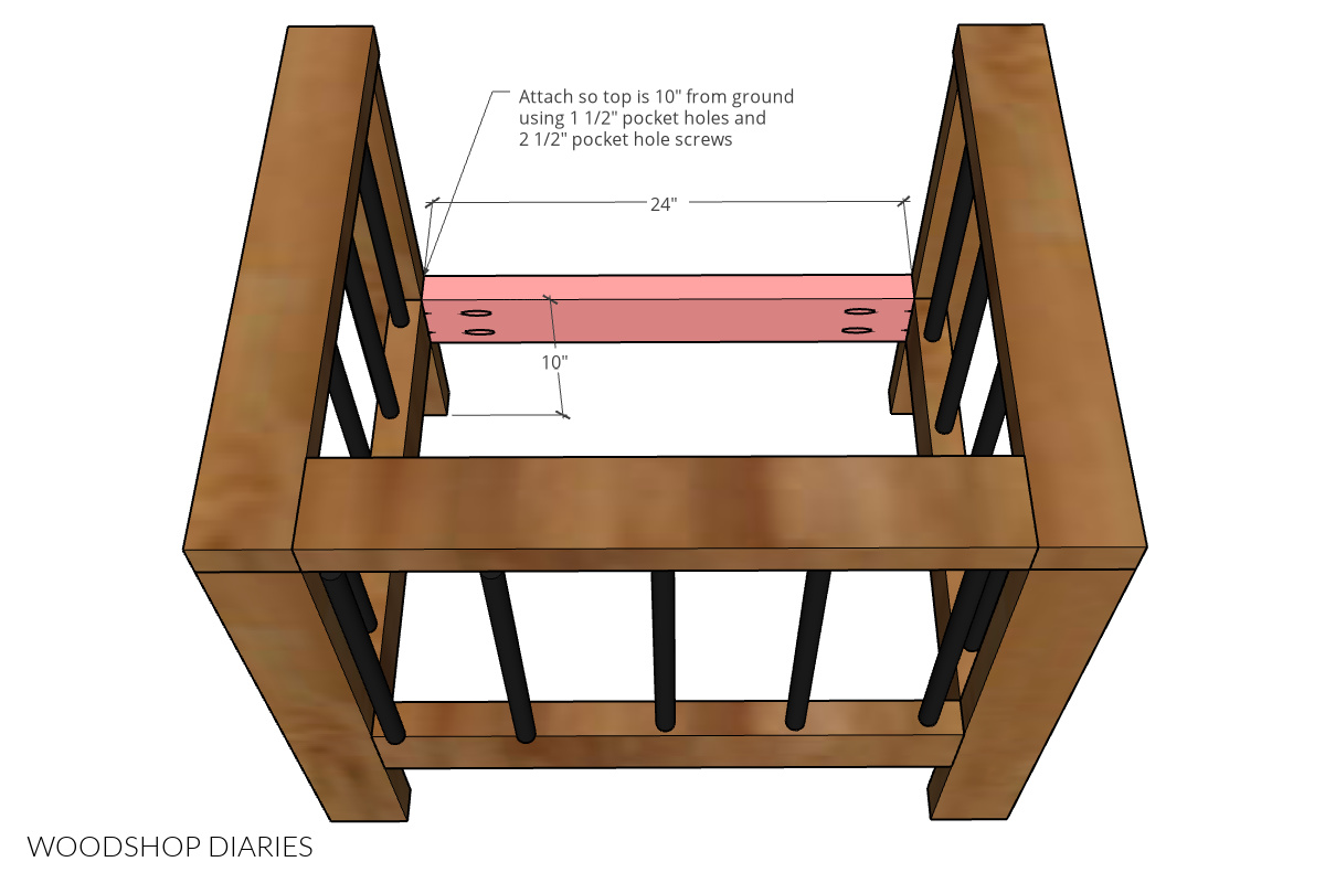 Diagram showing installation of front seat frame piece into DIY outdoor chair