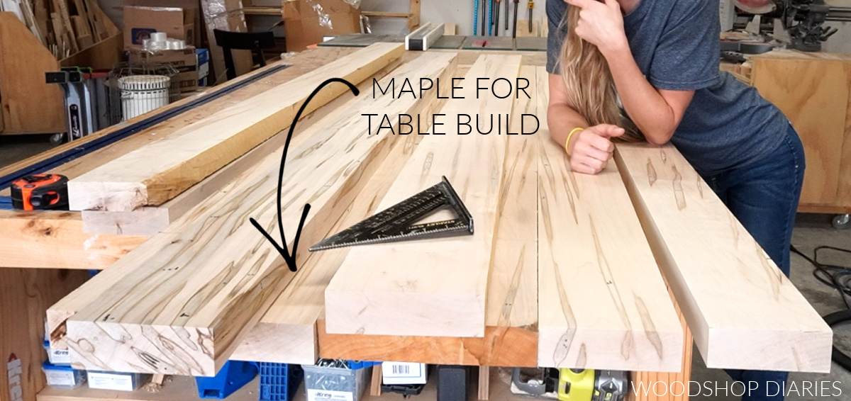 Shara Woodshop Diaries examining maple wood on workbench for dining table build