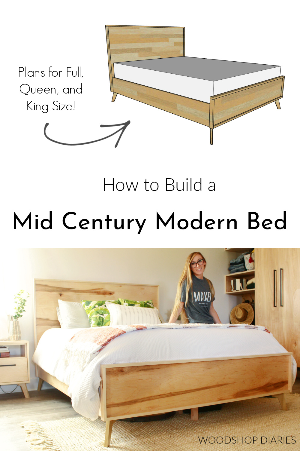 Pinterest collage image with modern finished bed at bottom and computer diagram at top with text "how to build a mid century modern bed" and "plans for full, queen, and king size"