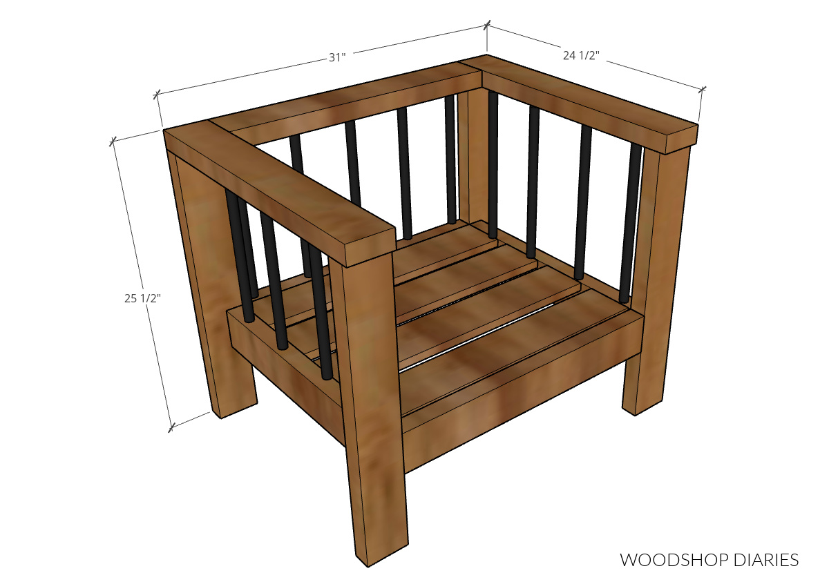 Overall DIY outdoor chair dimensional diagram--31" wide, 24 ½" deep, 25 ½" tall