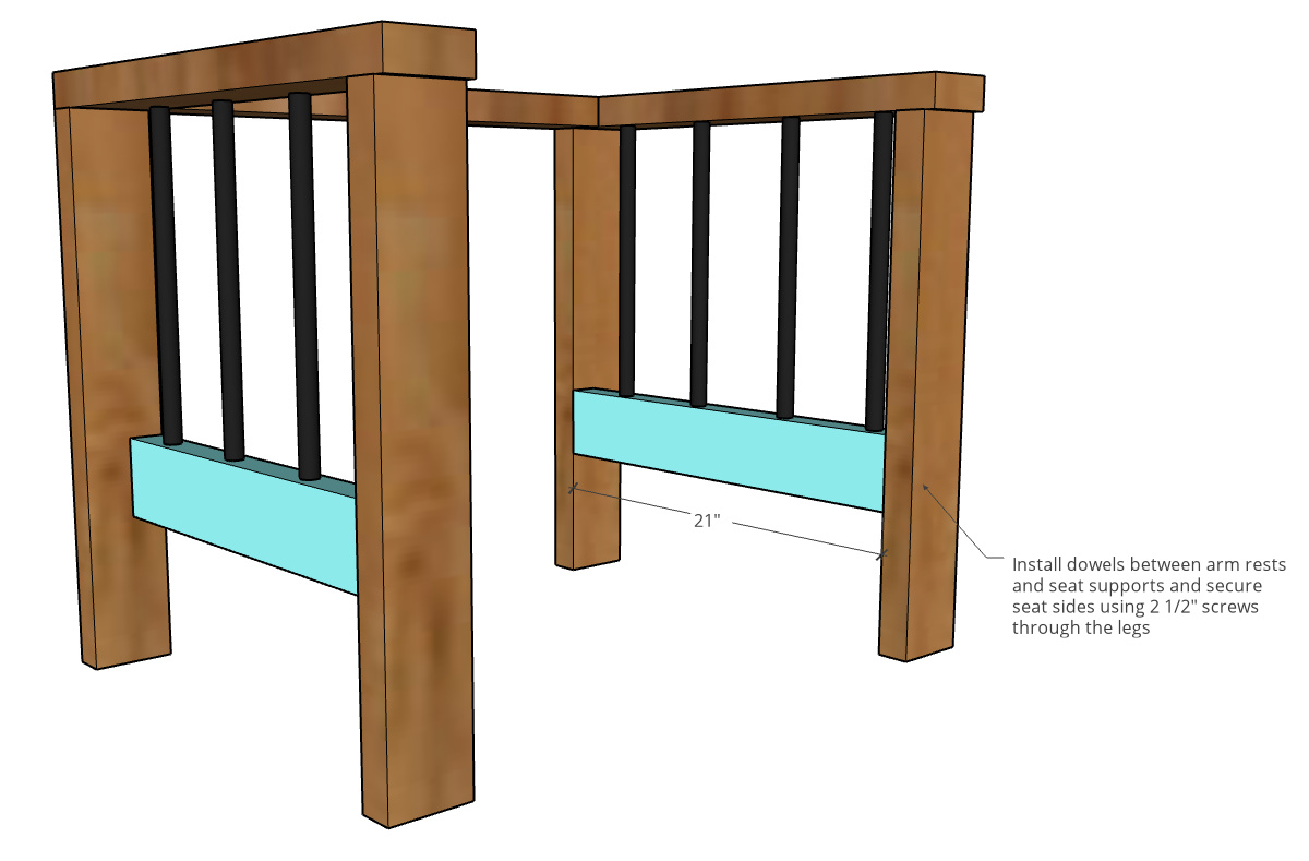 Diagram showing seat side frame pieces attached between chair legs