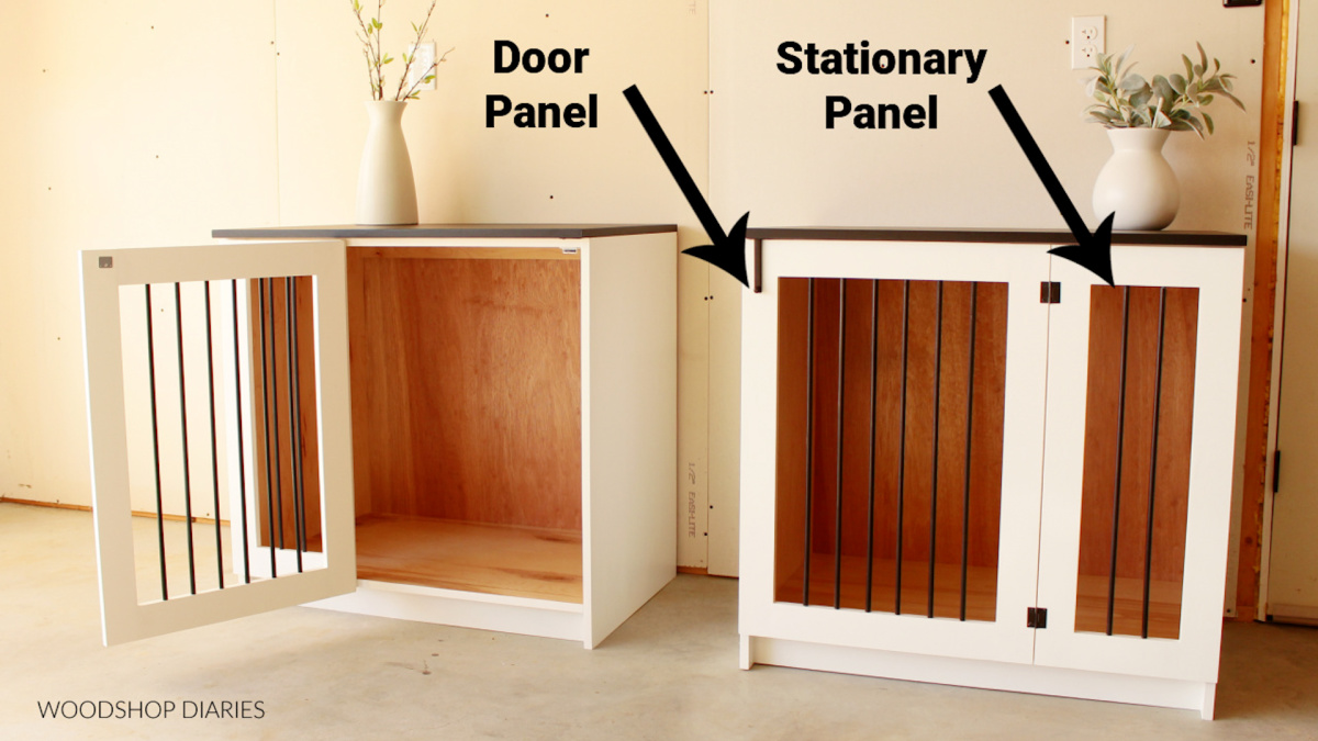 Finished Wooden dog crate cabinets showing stationary face frame panel vs mobile door panel on front