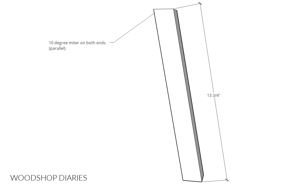 Diagram of coffee table leg length--showing 10 degree miters and 13 ¾" length