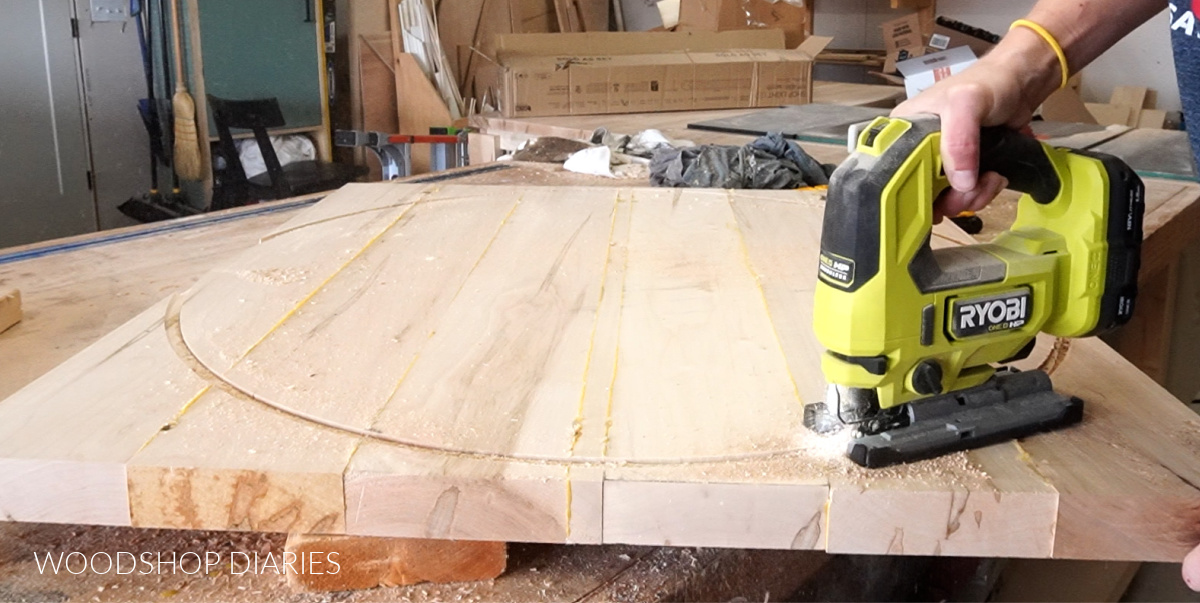 Using jig saw to cut round table top