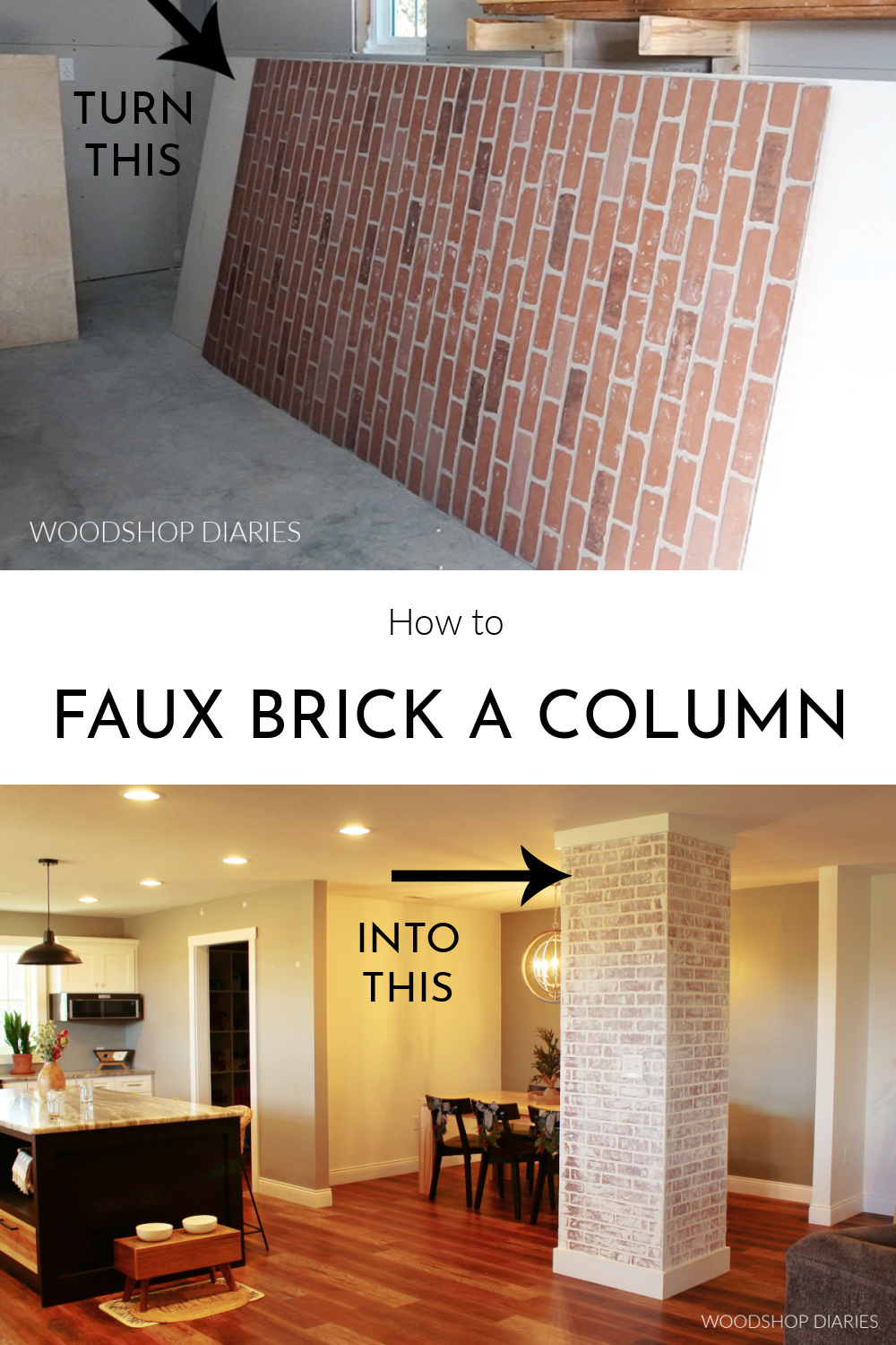 Pinterest collage image showing brick paneling at top and finished column at bottom