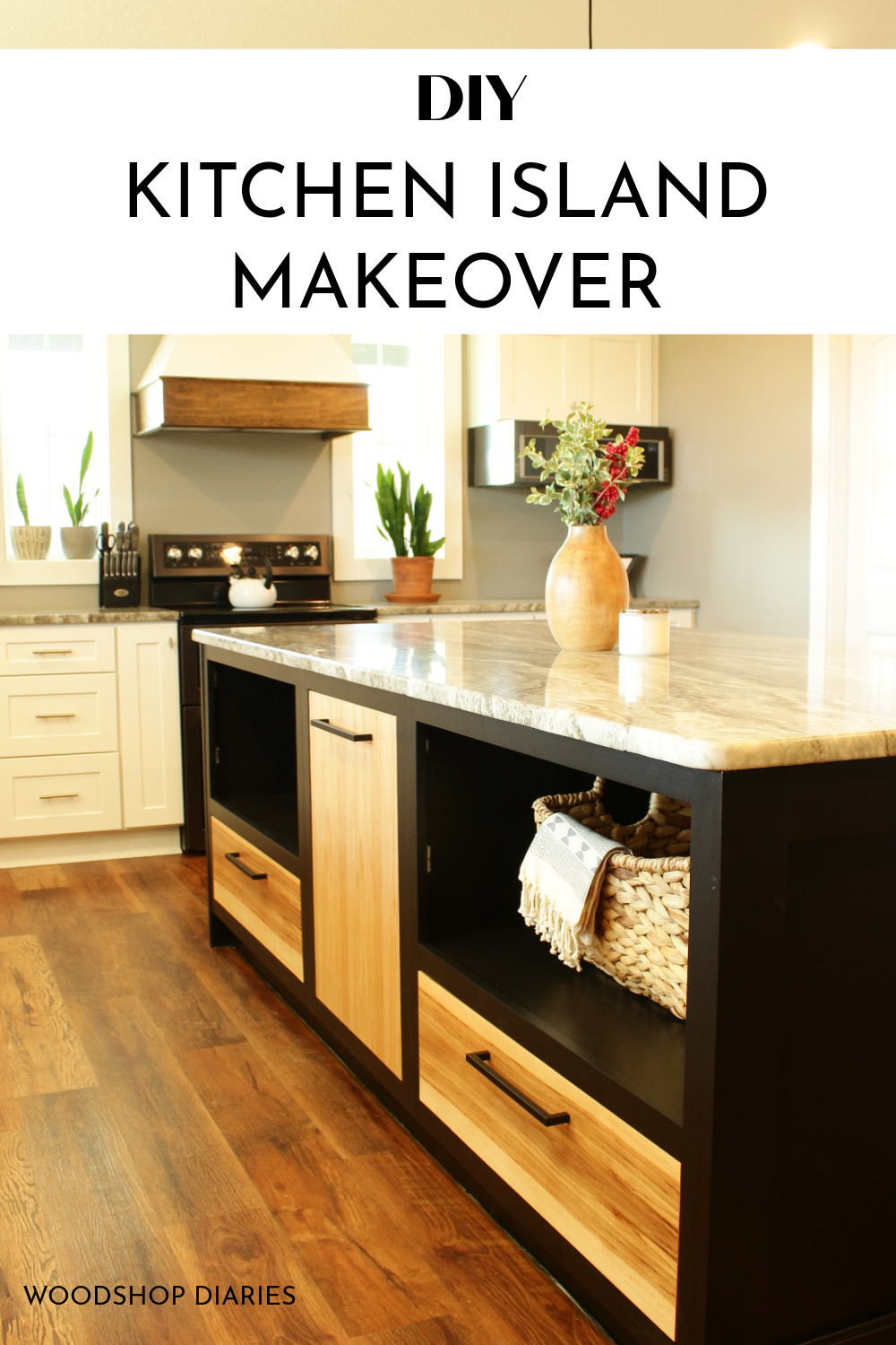 Vertical image of black and wood kitchen island with granite countertop with graphic and text that reads "DIY kitchen island makeover)