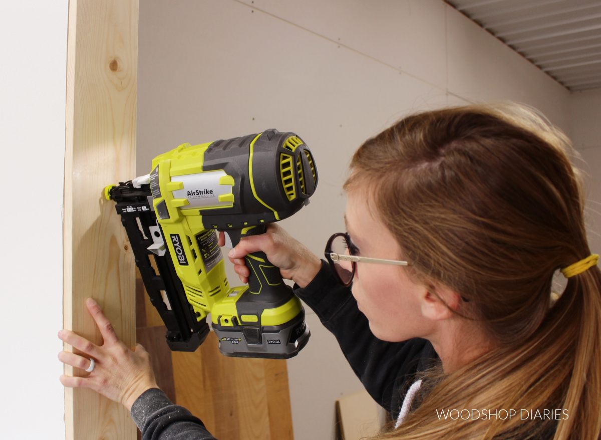 Shara Woodshop Diaries using 16 gauge Ryobi AirStrike to install door trim in workshop