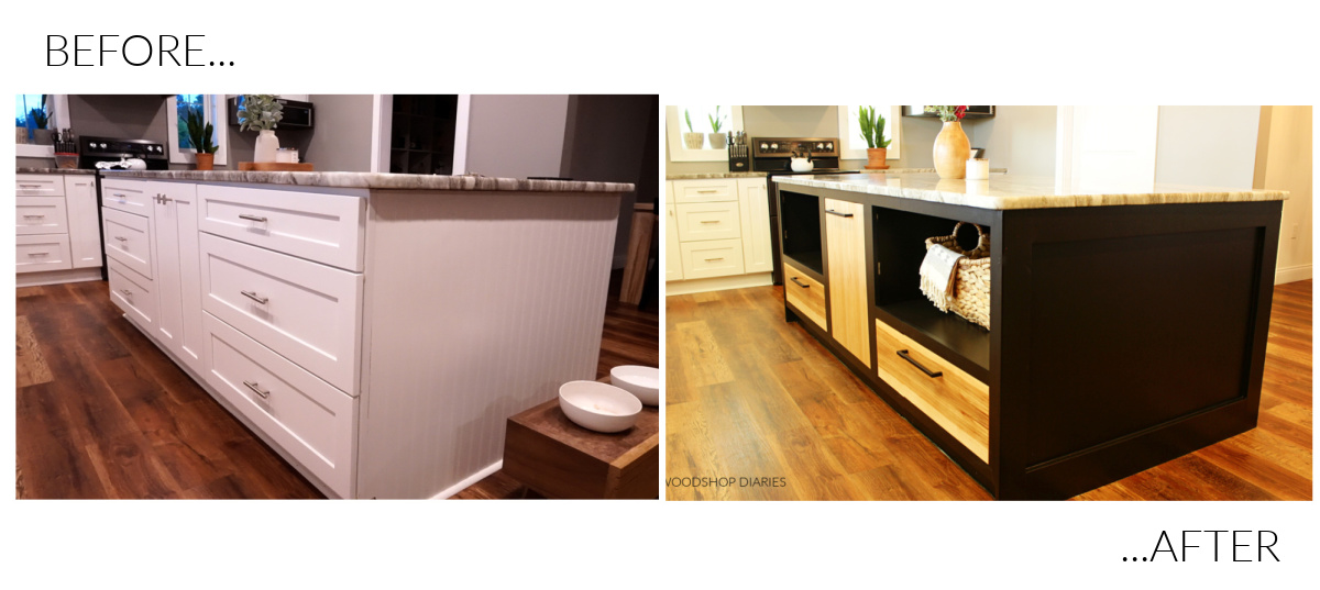 Before and after comparison of kitchen island makeover