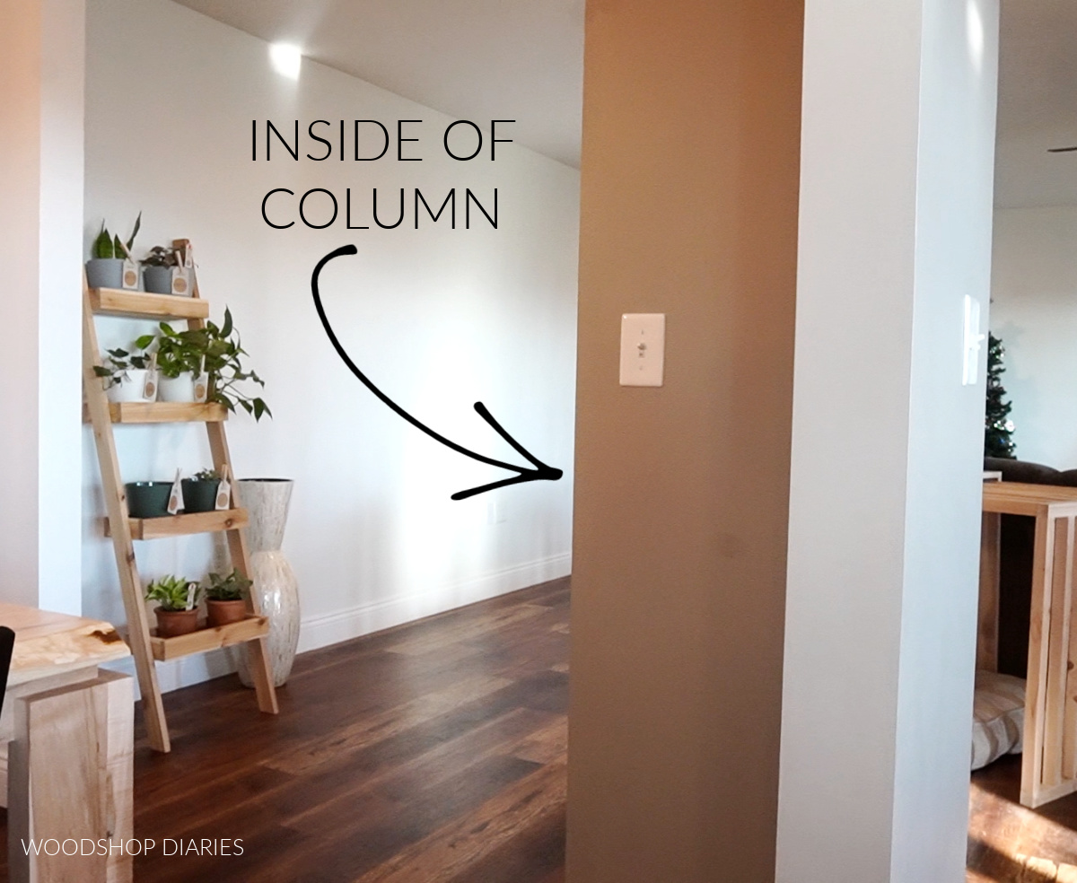 Inside view of L shaped room divider column