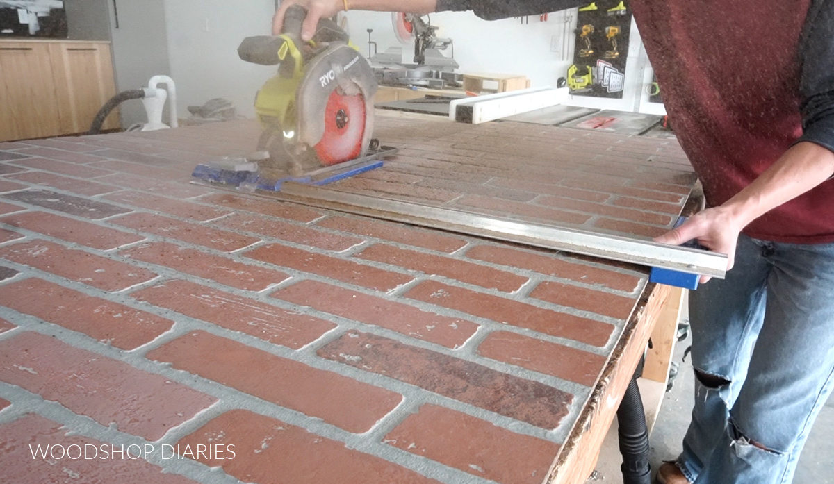 Shara Woodshop Diaries using circular saw to trim brick paneling sheets